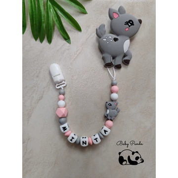 Névre szóló rágcsalánc - Őzikés - szürke-rózsaszín (Baby Panda kollekció)