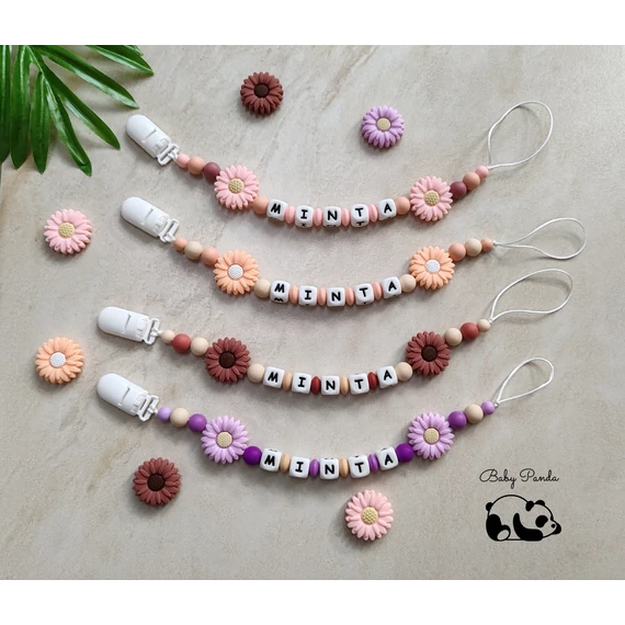 Névre szóló cumilánc – nagy virág dísz (30mm), elegáns babaajándék