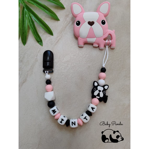 Rágcsalánc névre szóló - Bulldog - rószaszín (LÁB PÖTTYEL) – Baby Panda kollekció
