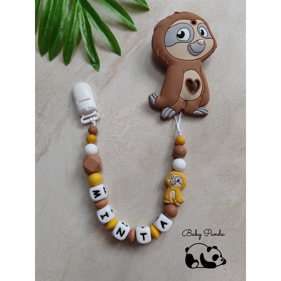Barna színű lajháros névre szóló rágcsalánc BPA-mentes szilikonból, gravírozott névvel és prémium díszdobozban – Baby Panda kollekció